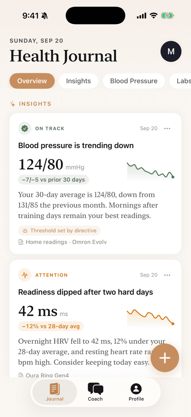 The AumniVIDA Health Journal on an iPhone: an insight that blood pressure is trending down, and a readiness dip after two hard days